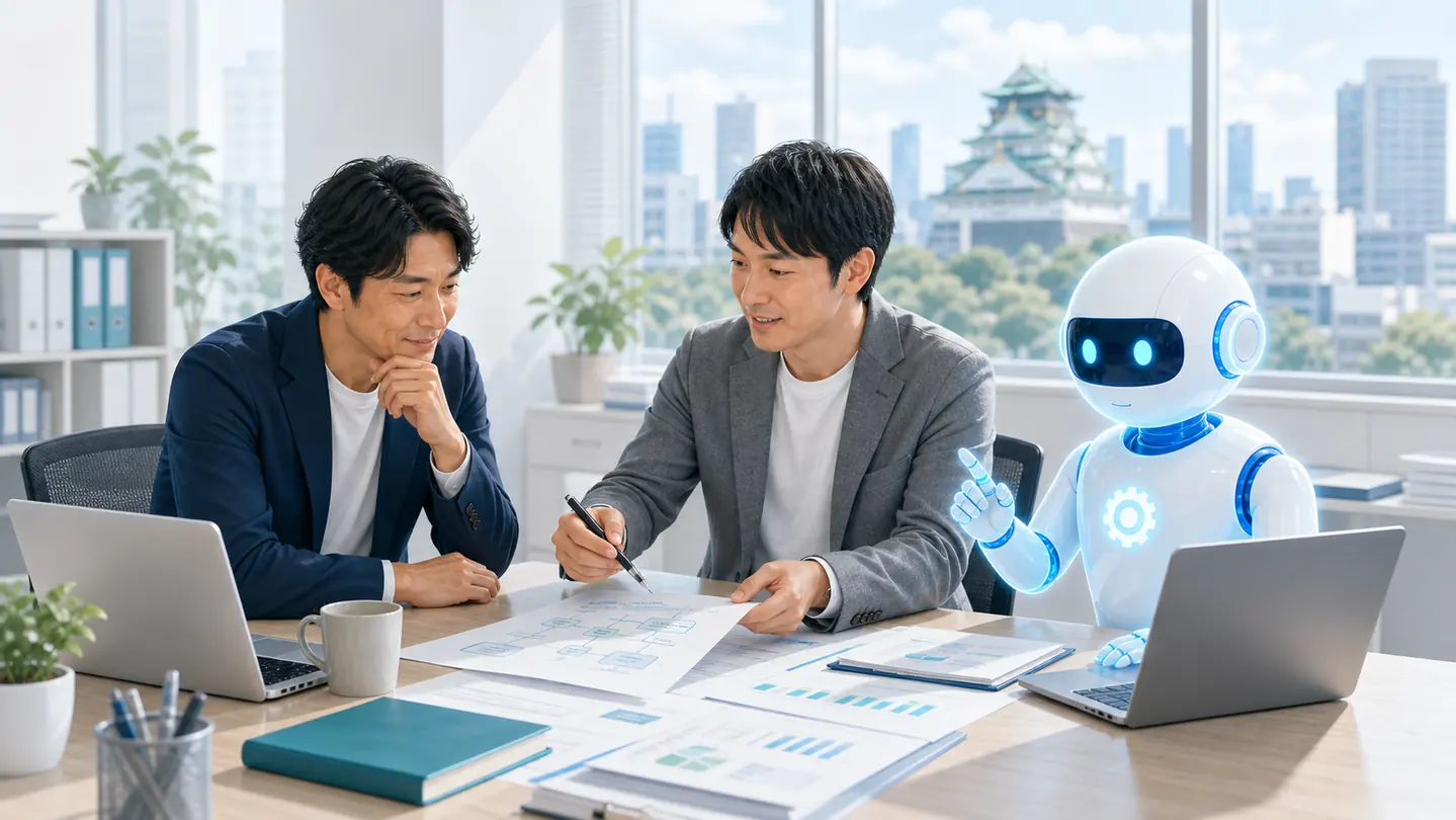 大阪のオフィスで業務フローを確認しながら新人AI導入を相談する様子